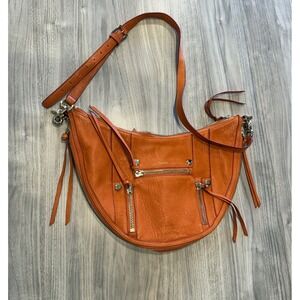 Botkier Leather Crescent Hobo Crossbody Bag Orange Zip Pockets